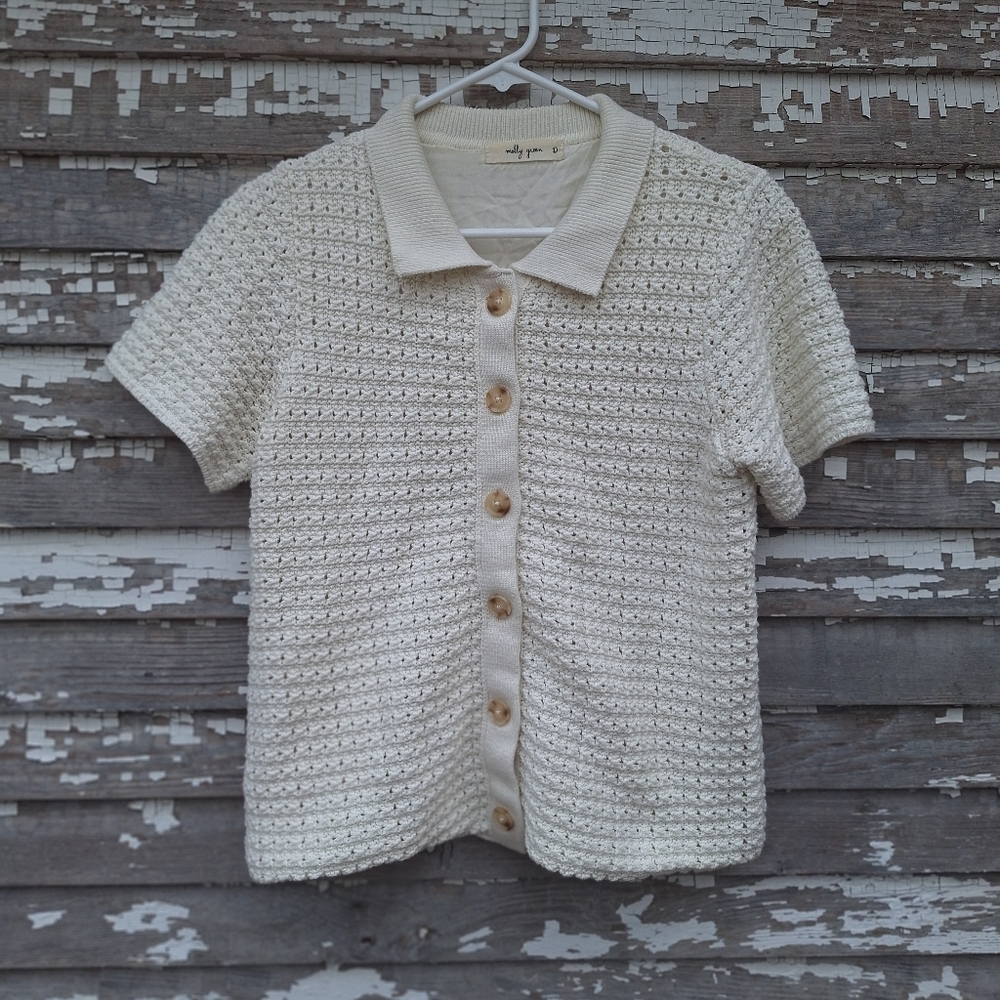 Cream Short-Sleeve Knit Button-Up Sweater